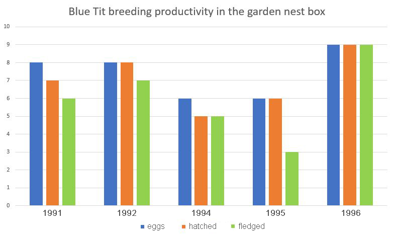 Blue Tit breeding productivity in the garden nest box 1991-1996  Fraser Simpson  www.fssbirding.org.uk