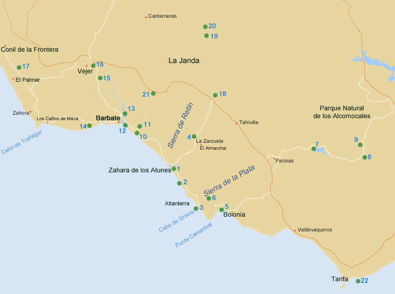 Map of Locations, SE Costa de la Luz, Cádiz Provence, Andalucía, Spain  ·  www.fssbirding.org.uk