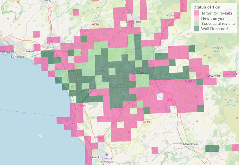 Area surveyed for Orthoptera in Ayrshire (VC75) 5-23 August 2023
