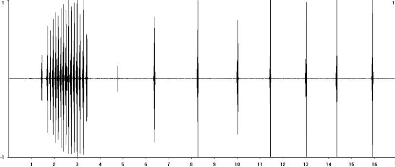 Oscillogram of Sickle-bearing Bush-cricket (Phaneroptera falcata) stridulation [sicklebearingbushcricket117986ecut1]